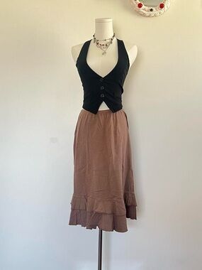 Brown Ruffle Hem Midi Skirt